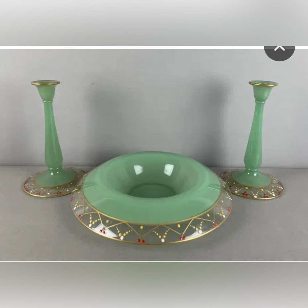 Early 20th Century Art Deco Jadeite Style Set 2 Candle Holders & Bowl